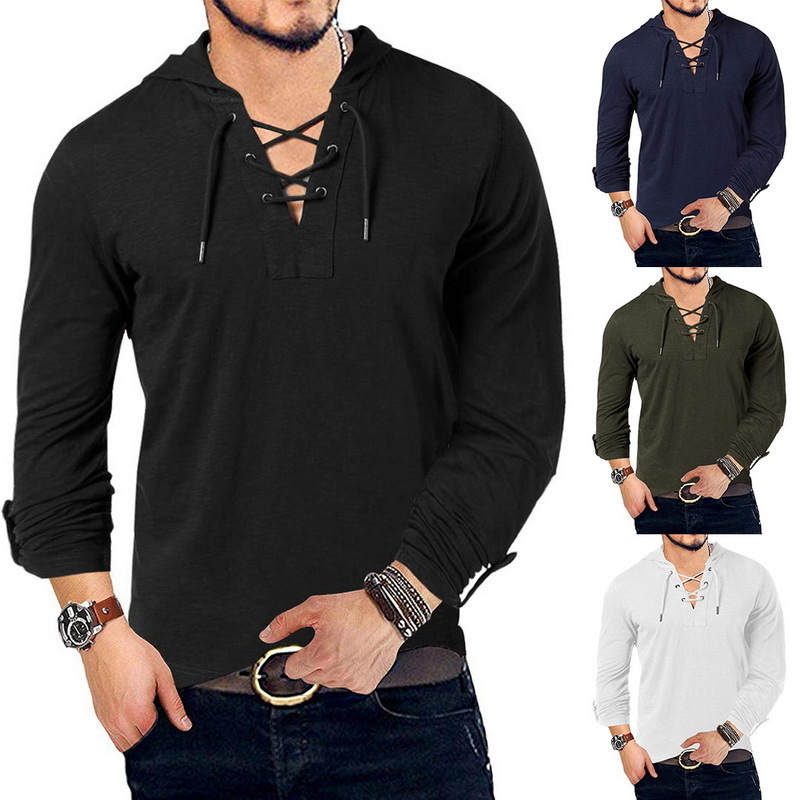 Camisetas masculinas Moda com capuz de mancha longa Cotton Henley Henley Lace medieval up v pesco