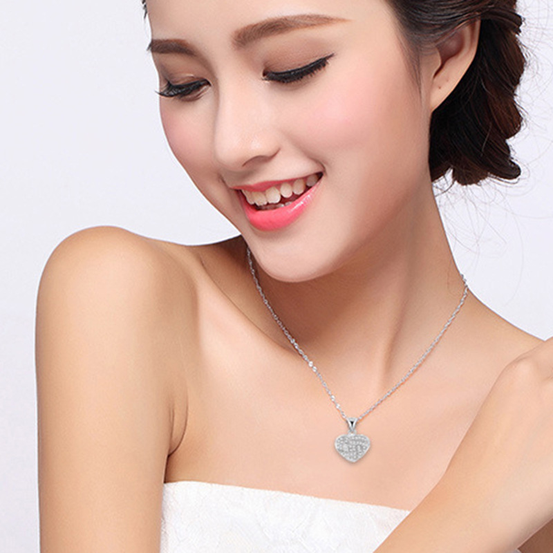 Heart Shape Pendant Necklace S925 Silver Plated Full Diamonds Stone Women Girls Lady Wedding Jewelry