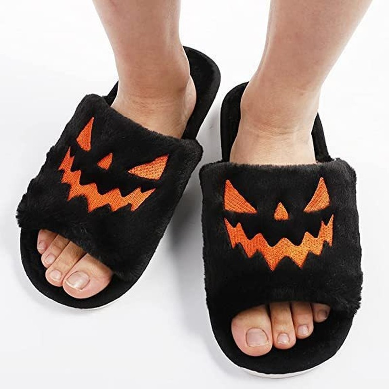 Kapcia Halloween Latarna Dyniowa Jesień miękki futrzany komfort zamknięty palec u stóp slajdy kobiet rozmiar 43 zapatos mejr 220921