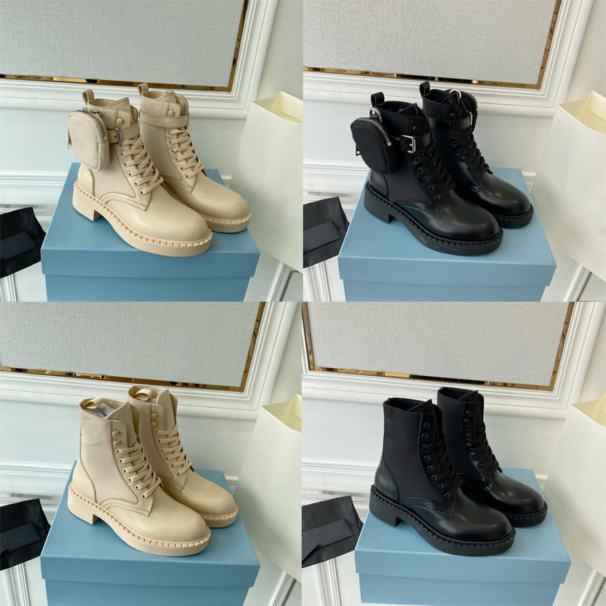 Lyxdesigner Monolith Leather and Nylon Fabric Boots Women Pocket Booties äkta läder snör upp damer ankel vinter höstskor sneakers med originallåda