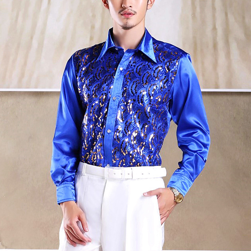 Men's Casual Shirts Shiny Gold Sequin Glitter Long Sleeve Fashion Nightclub Party Stage Disco Chorus for Chemise Homme 220920