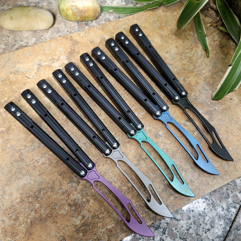 Nouveau Theone Balisong Orca Butterfly Trainer Couteau d'entraînement Lame en titane pas tranchante Noir G10 Poignée de canal Swing Jilt Couteaux EX10 Chimera Hom Cyoz Triton Squid BM51