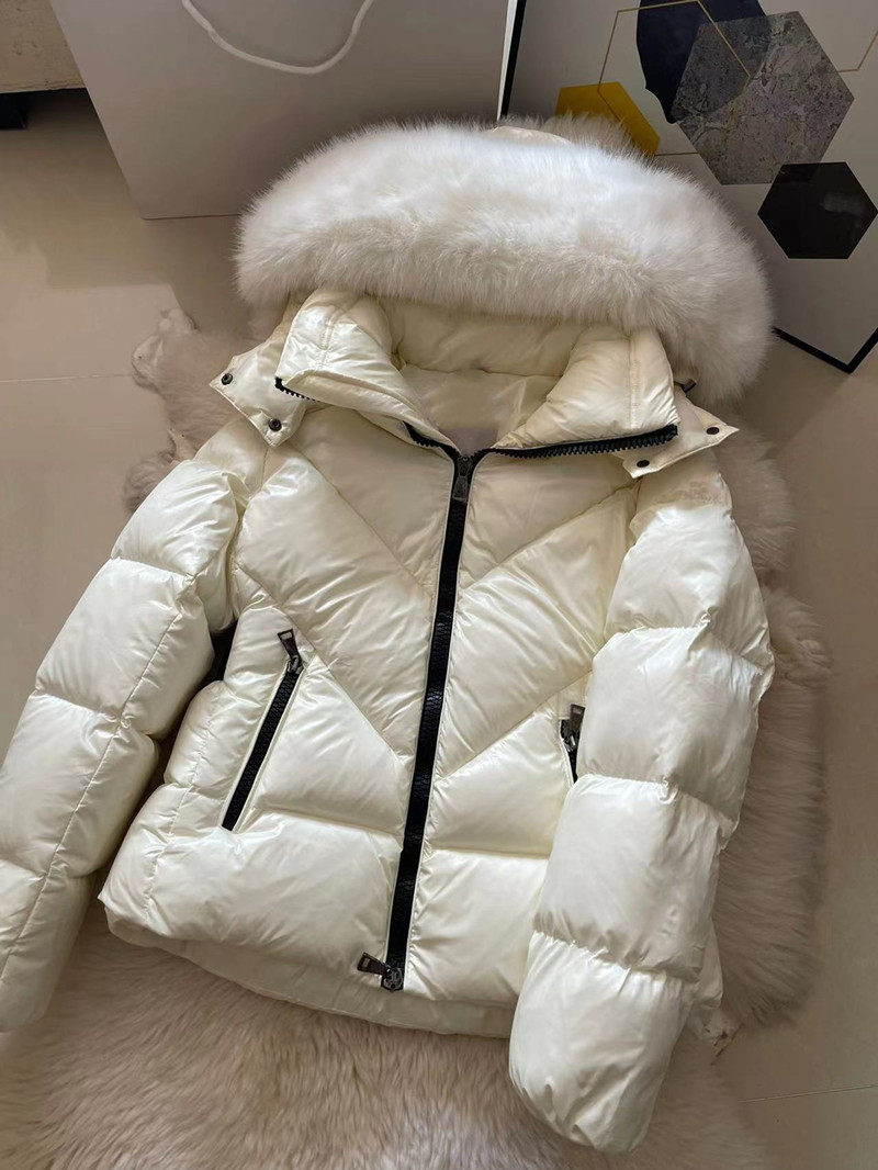 2022 Женщина Puffer Coat Зимняя куртка Doudoune Femme Black Natural Fox Большой меховой воротник Толстый верхняя одежда белая утка в теплой моде Сплошная повседневная женская одежда Parka