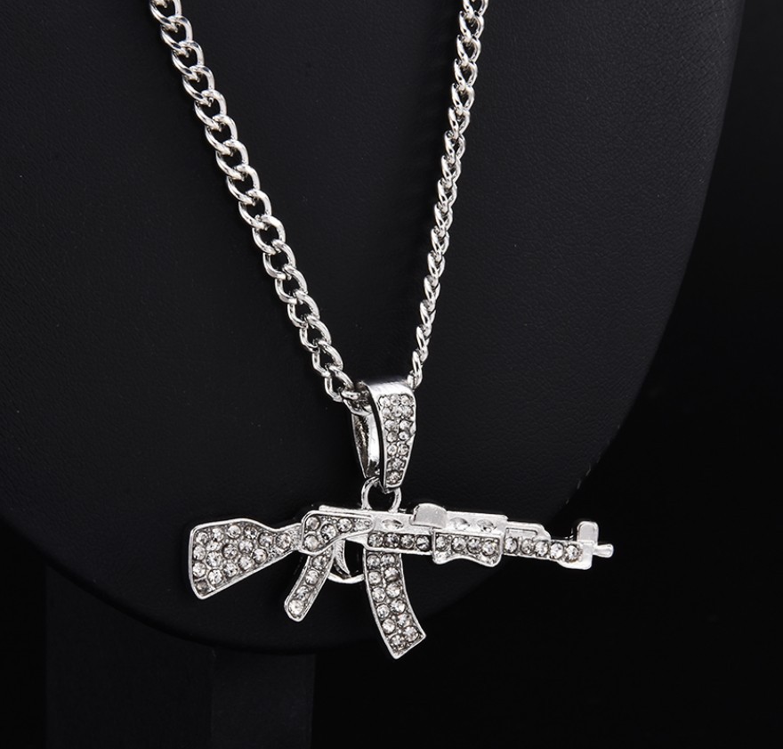 Moda Hip Hop Submachine Gun Colar Crystal Ak 47 Colar de corrente de shorthing Bling Colar jóias de rapper homens do rapper