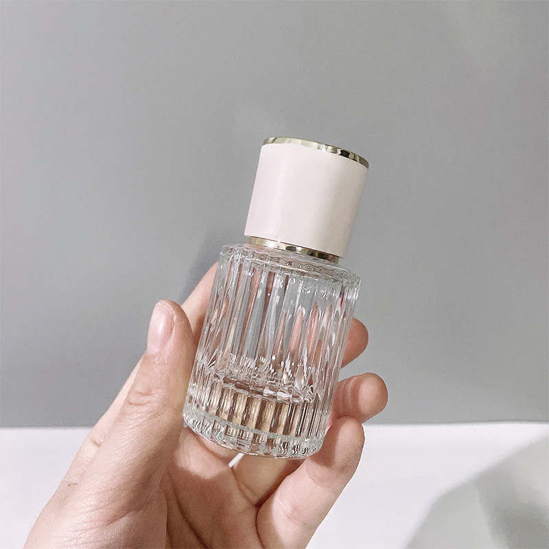 Garrafas de perfume de vidro de cilindro transparente de luxo 30ml 1oz 50ml 1,6 oz listras verticais névoa de spray de spray com fundo grosso