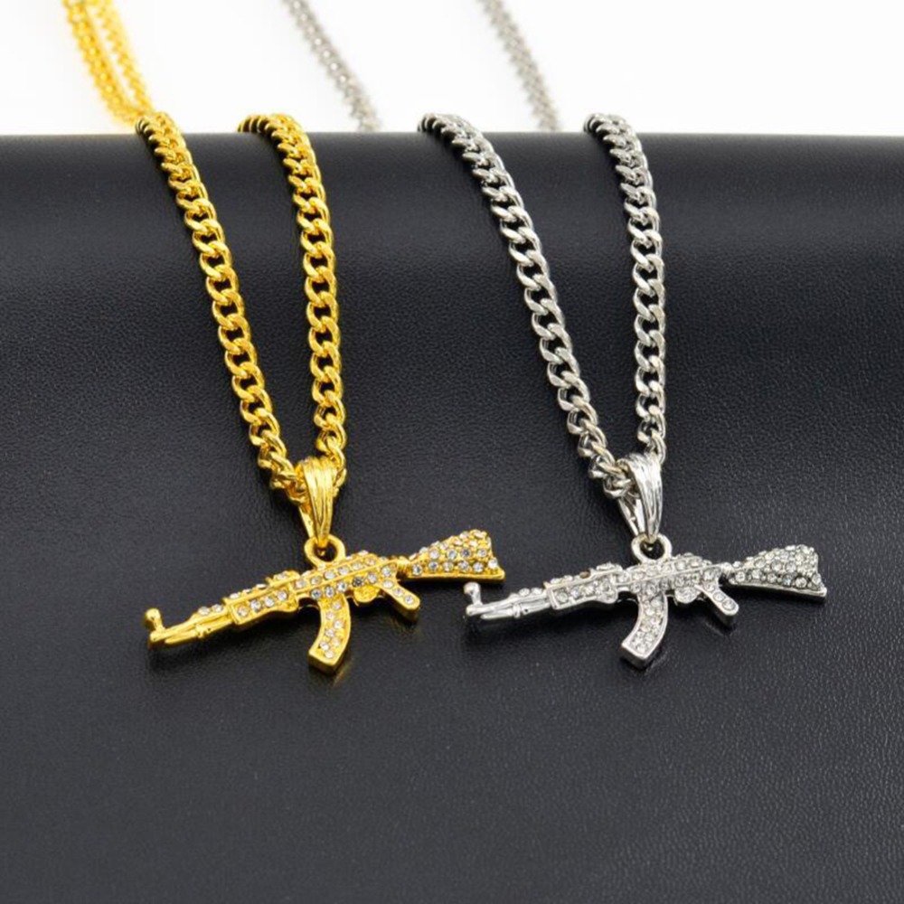 Mode Hip Hop Submachine Gun Pendant Necklace Crystal AK 47 Rhinestone Bling Chain Necklace Ladies Men Rapper Jewelry