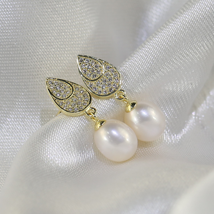 Women Freshwater Pearl Earring Ladies Wedding Party Jewelry gold plated 925 sterling silver 8mm AAA drop stud earrings