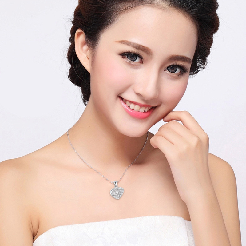 Heart Shape Pendant Necklace S925 Silver Plated Full Diamonds Stone Women Girls Lady Wedding Jewelry