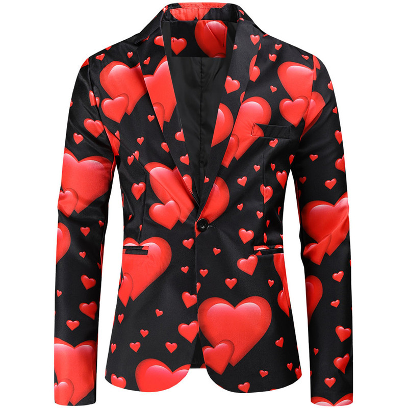 Мужские костюмы Blazers Valentine's Gift Fashion Party Pail Casual Slim Fit Blazer Кнопки 3D Heart Print Print