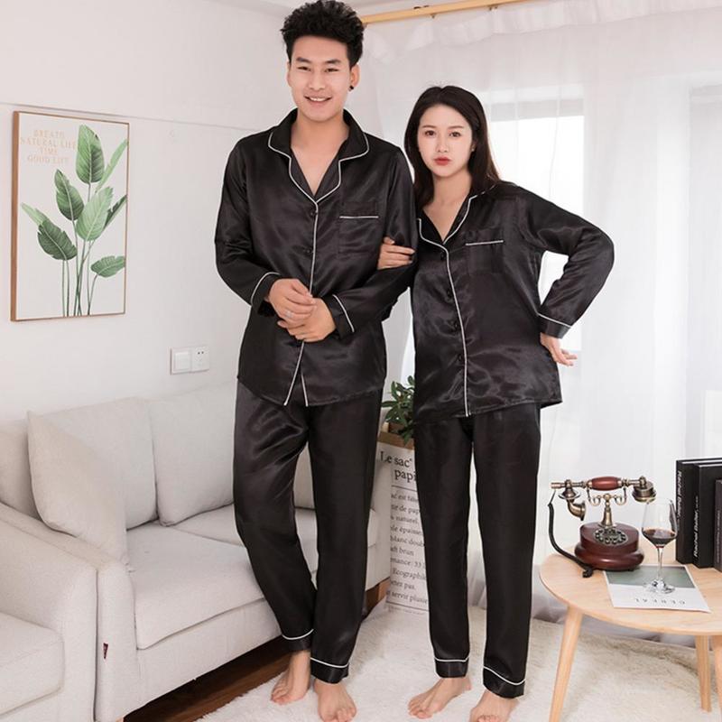 Vêtements de nuit pour hommes Satin de soie Hommes Femmes Pyjamas Ensemble Vêtements de nuit Couple Couleur unie Costume à manches longues Casual TwoPiece Pyjama Élastique Homewear 220920