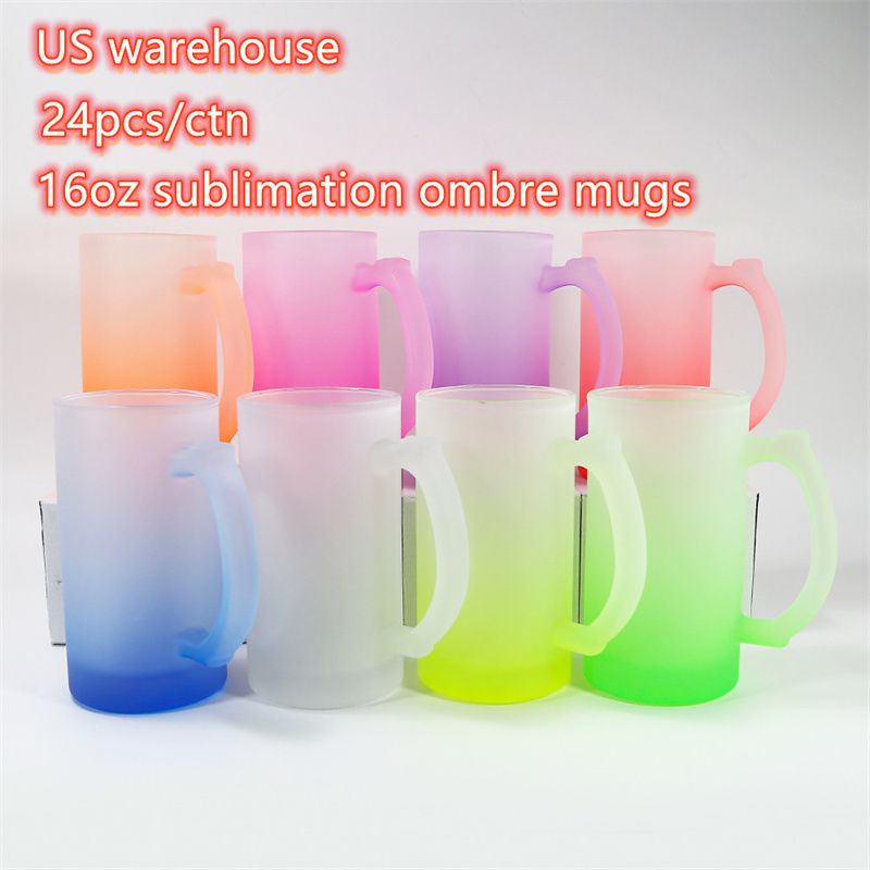 US Warehouse 11oz 16oz sublimeringsglas￶gon Tumbler Gradient Vinglas V￤rme￶verf￶ring Tryck Frosted Cup Transparent Glass Cup med handtag