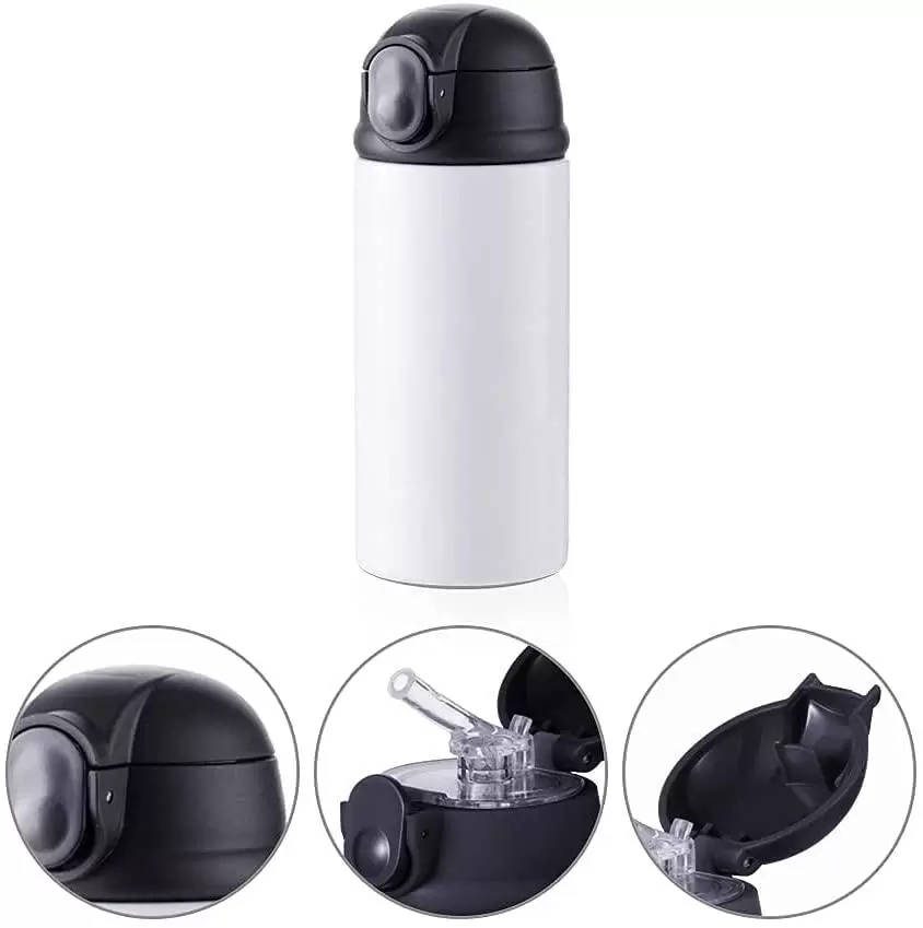 Sublimação em branco crianças garrafa de água 12oz branco reto tumbler sippy up copo com tampa preta pop para tumbler máquina de imprensa de calor pr303r