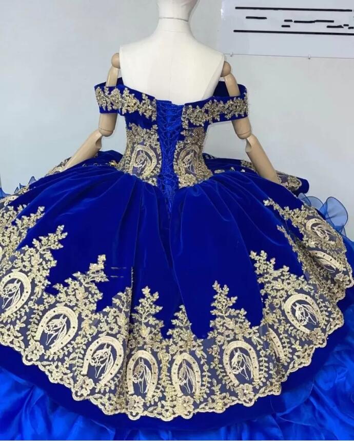 ROYL Blue Quinceanera Vestidos Horseshoe Lace-up Corset Charro Mini mexicano xv vestidos de concurso para meninas Organza vestido de baile