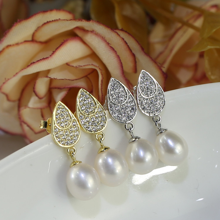 Women Freshwater Pearl Earring Ladies Wedding Party Jewelry gold plated 925 sterling silver 8mm AAA drop stud earrings