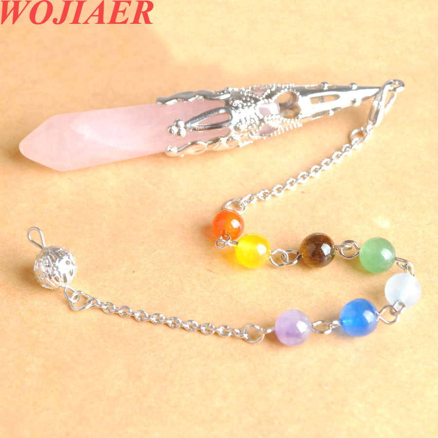 Natural Stones Pendulum Pendant for Dowsing Divination 7 Chakra Chain Hexagonal Point Silver-color Prism Reiki Pendule BO941