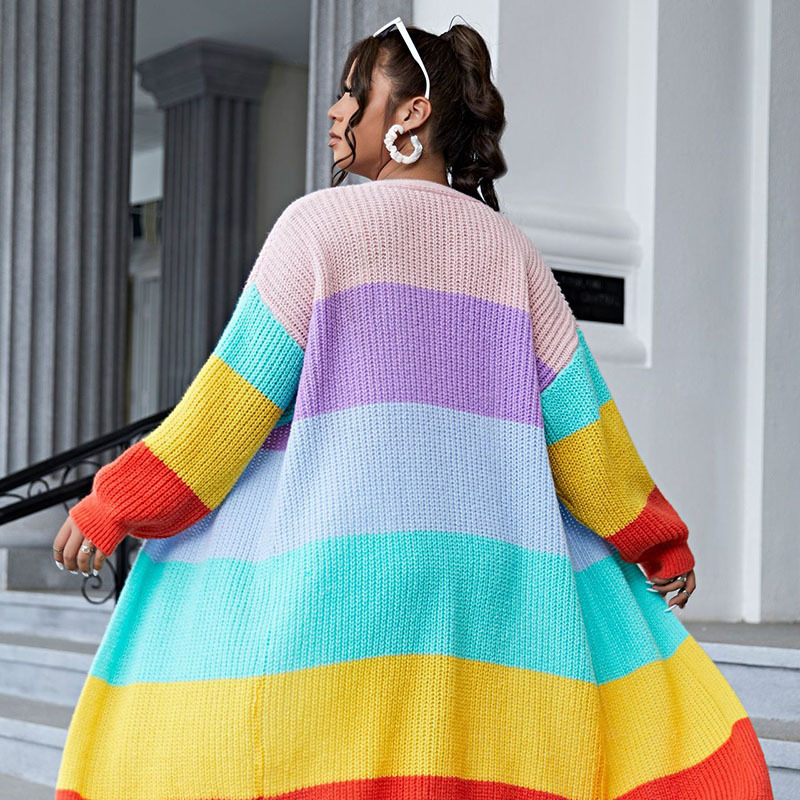 Женские плюс размеры верхняя одежда Hao Winter Rainbow Strip Цвет пальто с длинным рукавом открытый кардиганский колено для длина колена одежда 220922