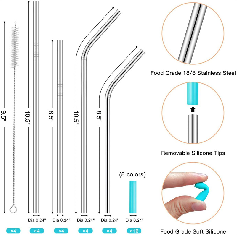 Stainless Steel Drinking Straws Portable Metal Colors Straw Brushes Silicone Mouth Set