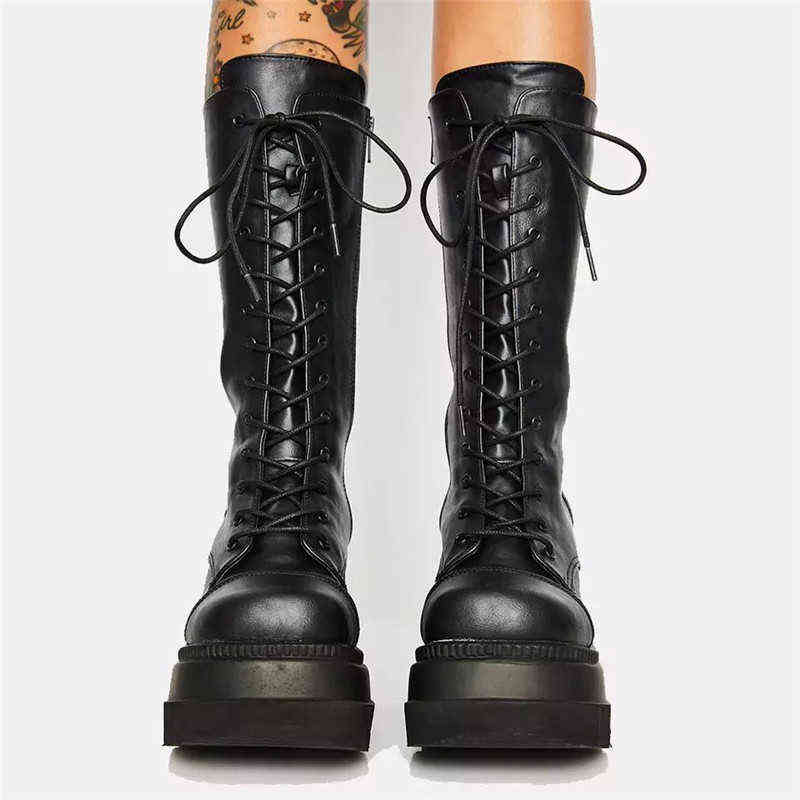 Bottes femmes mi-mollet 2022 mode femme chaussures à semelles compensées bout rond fermeture éclair solide Demonia Super haut talon plate-forme Y2209