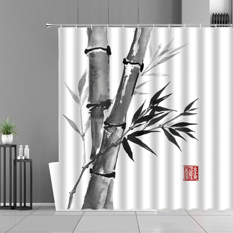 Shower Curtains Ink Painting Bamboo Leaves Bird Set Mountain Water Plant Landscape Waterproof Bathroom Curtain Retro Home Decor 220922