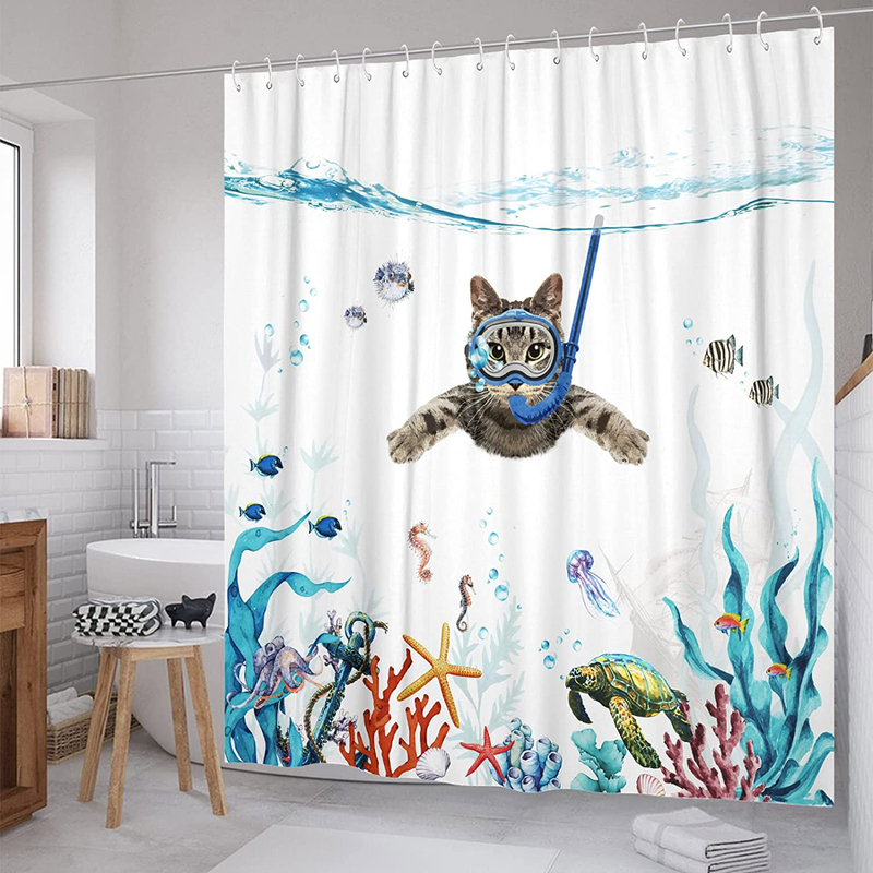 Rideaux de douche drôle plongée chien chat rideau océan pieuvre étoile de mer tortue poisson vie marine tissu imperméable cuisine salle de bain 220922