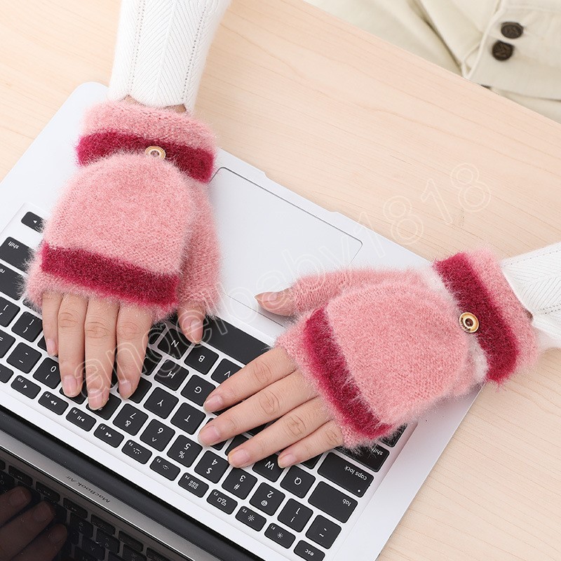 Faux Mink Knit Half Finger Flap Gloves For Women Girls Winter Outdoor Comfortable Gloves Christmas