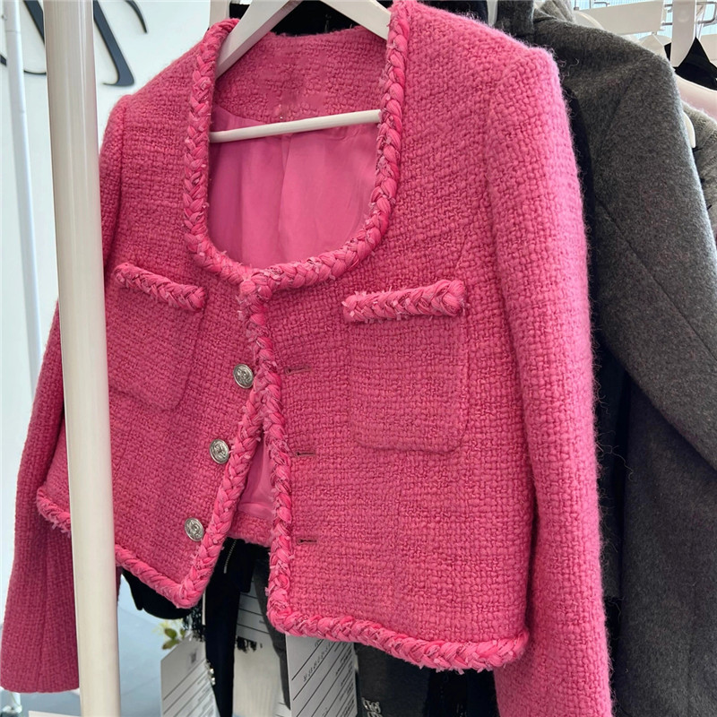 902 2022 Осенний бренд и тот же стиль пальто твид розовый с длинным рукавом экипаж шея женские куртки Changji