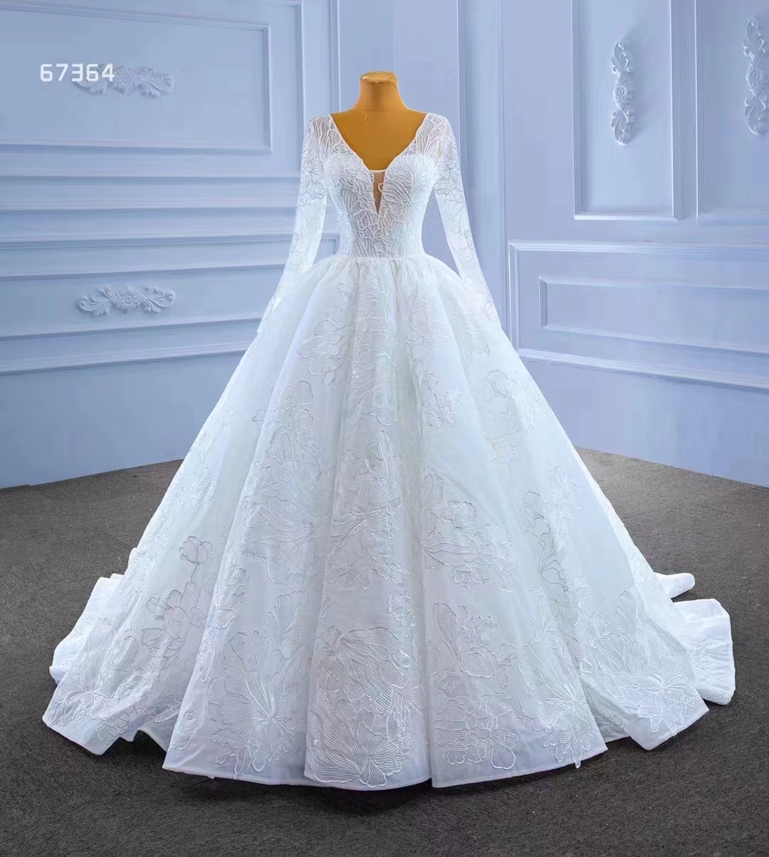 Långärmad vit tyll kalkon brud boll klänning elegant bröllopsklänning sm67364