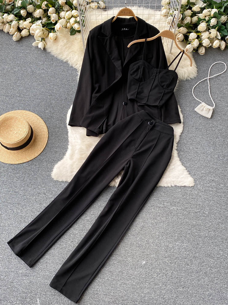 Women's Two Piece Pants Women Elegant Blazer Three Piece Sets Sexy Tank Tops Loose Jacket and Slim High Waisted Long Pants Suits Woman Outfits 220922