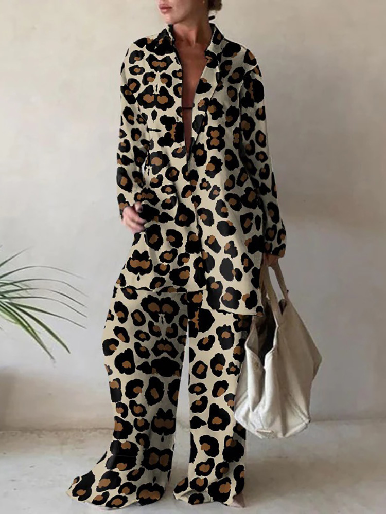 Dames tweedelige broek vrouwen gedrukt Volle mouw Long Cardigan Top Outfit Spring herfst Turndown Collar Button Ladies Matching Set Set Wide Leg Pants Pak 220922