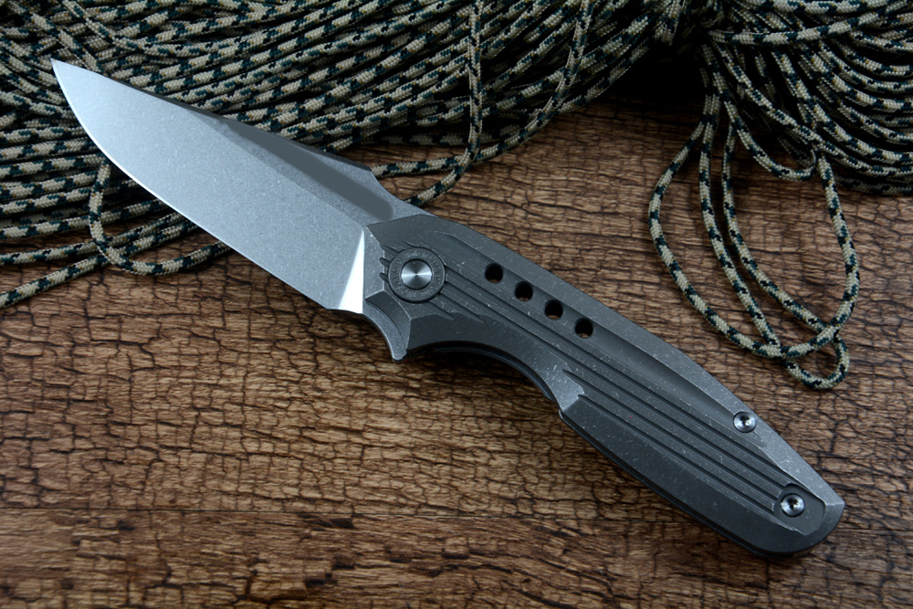 Twosun D2 Stonewash Blade Pocket KnifeセラミックボールベアリングワッシャーTC4チタンハンドル折りたたみ屋外キャンプハンティングEDC TS194