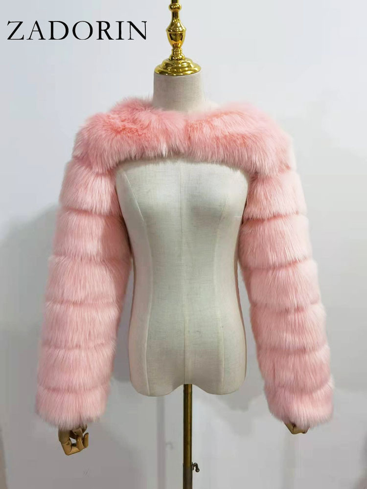 Womens Fur Faux Zadorin Autumn Winter Croped Coat Women Luxury Raccoon Long Sleeve Warm Jackets Female Outerwear Pink Red 220922