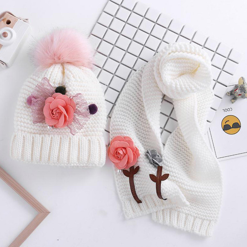 Écharpes Wraps Chapeaux Écharpes Gants Ensembles Doit Fleur Enfants Chapeau D'hiver Bonnets Velours Laine Enfants Garçons Tricot De Fourrure Bébé Fille Écharpe Ensemble 220921