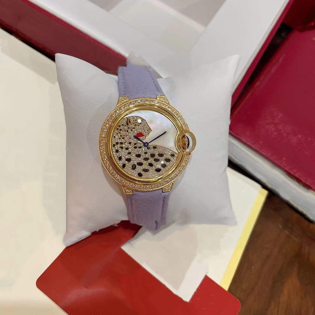 Luxe Femmes Émail Léopard Quartz Montre-Bracelet Blanc Nacre Cadran Complet Diamant Panthère Montres Femme Violet En Cuir Véritable Montre Dame Horloge 36mm