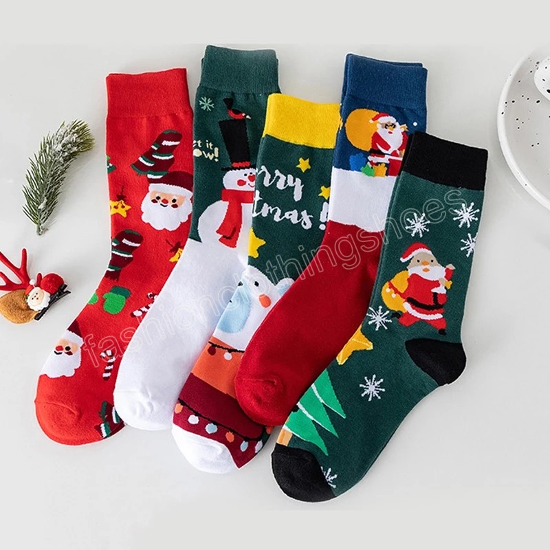 여자 크리스마스 양말 재미있는 크리스마스 산타 클로스 나무 눈송이 엘크 스노우 스노우 코튼 미들 튜브 승무원 새해 만화 sokken