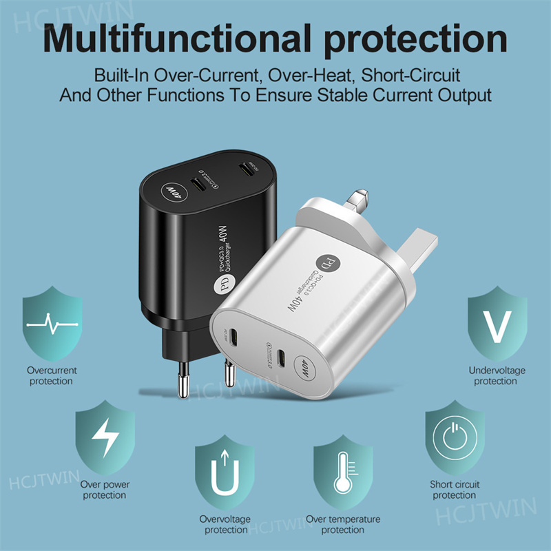 Universal Fast Quick Chargers 40W 듀얼 PD USB-C Type C 벽 충전기 EU 미국 영국 AC 여행 어댑터 iPad 에어 iPhone 12 13 X XR Samsung Tablet PC HTC Android 폰