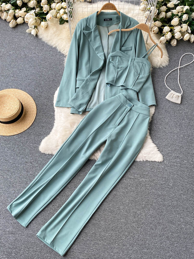 Women's Two Piece Pants Women Elegant Blazer Three Piece Sets Sexy Tank Tops Loose Jacket and Slim High Waisted Long Pants Suits Woman Outfits 220922