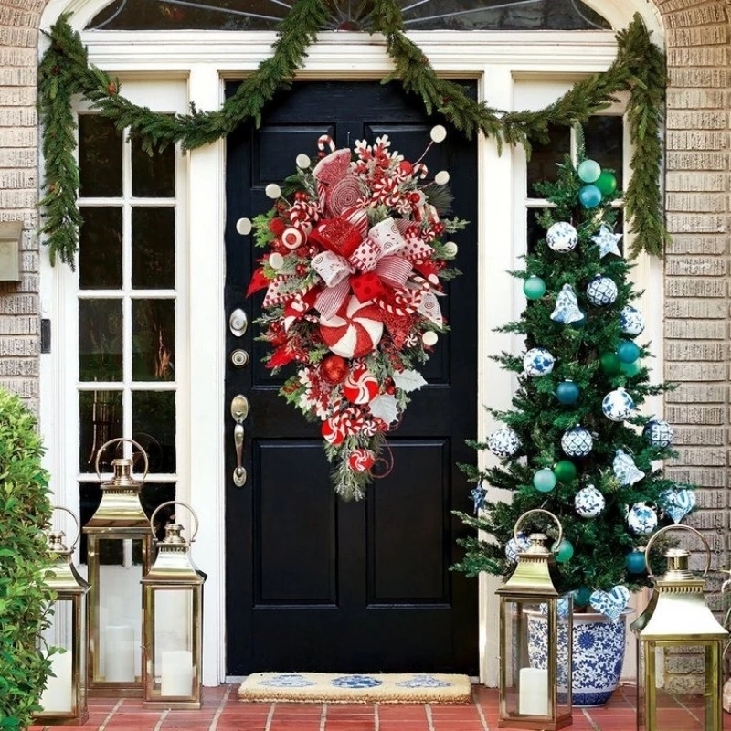 Noel dekorasyonları Noel çelenk çelenk baş aşağı asılı süsler ön kapı duvar dekorasyonları şeker kamışı çelenk Noel dekorasyonu 220921