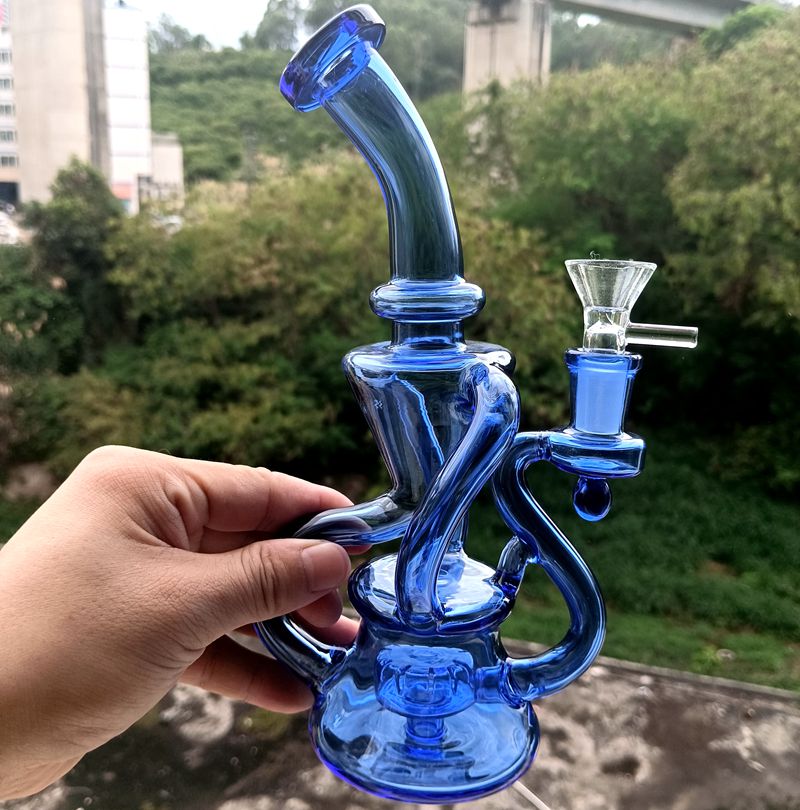 Black Blue Glass Water Recycler Bong Vattenpipor Shisha 8,5 tums oljebadriggar Berusande rökrör med skål