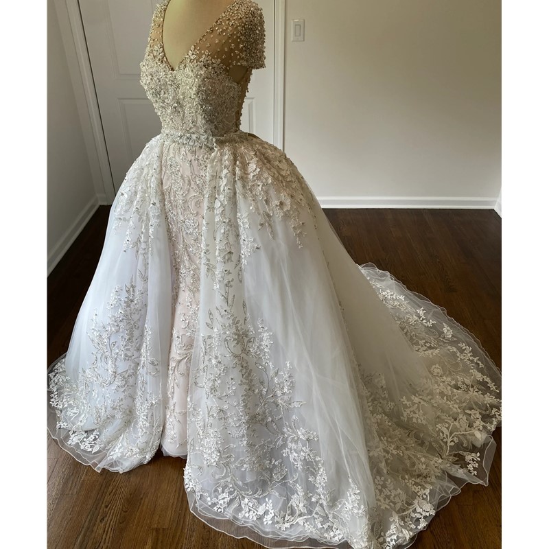 2023 Sexy Luxury Mermaid Wedding Dresses Lace Short Sleeves Beading With Detachable Skirt Appliques Tulle Plus Size Wedding Dress Bridal Gowns Custom