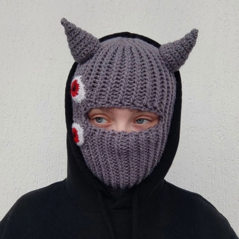 BeanieSkull czapki Halloween śmieszne rogi czapka z dzianiny czapki ciepła pełna osłona twarzy maska narciarska wiatroodporna kominiarka do uprawiania sportu na świeżym powietrzu 220921