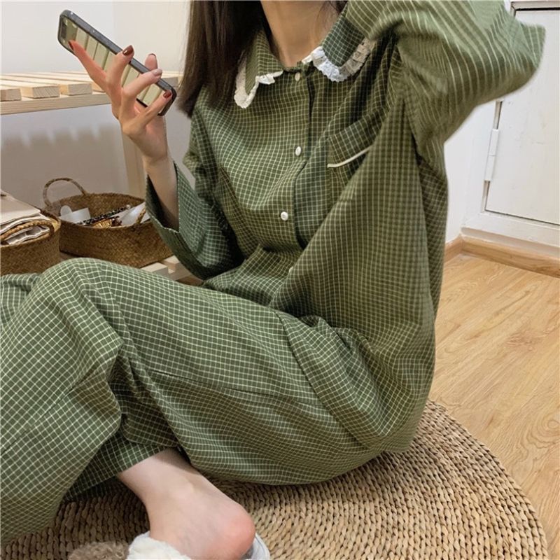 Kvinnors s￶mnkl￤der Green Plaid Casual Pyjama Set Women Single Breasted Ins Japan Turn-Down Collar Nightwear Spring Fall Elastic Midje Homewear 220922