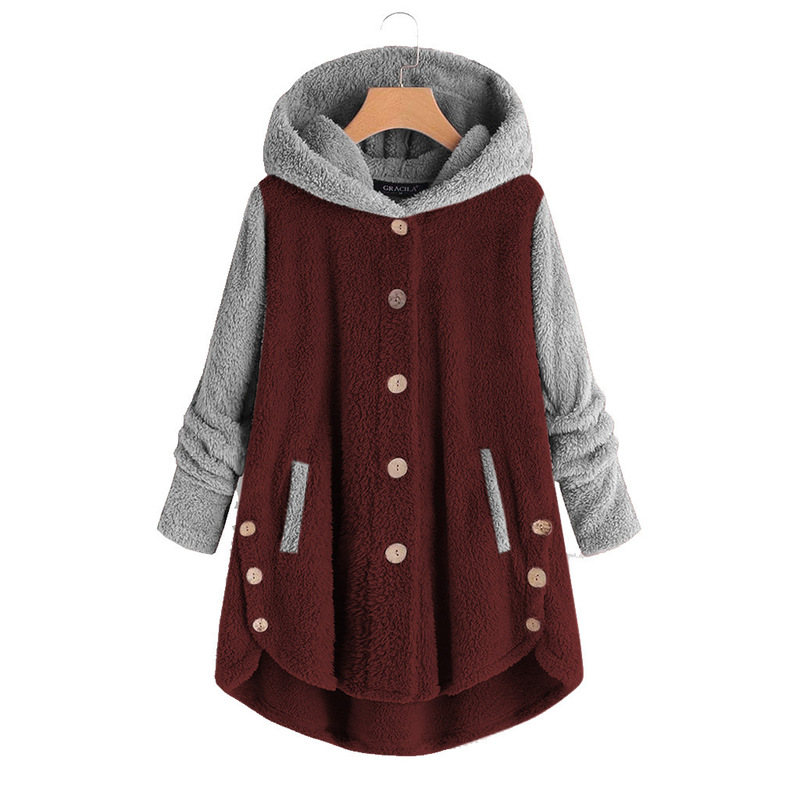 여성의 플러스 사이즈 겉옷 코트 크기 여성 패션 스타일 버튼을위한 겨울 코트 플러시 불규칙한 컬러 따뜻한 양털 코트 후드 콜드 여성 220922