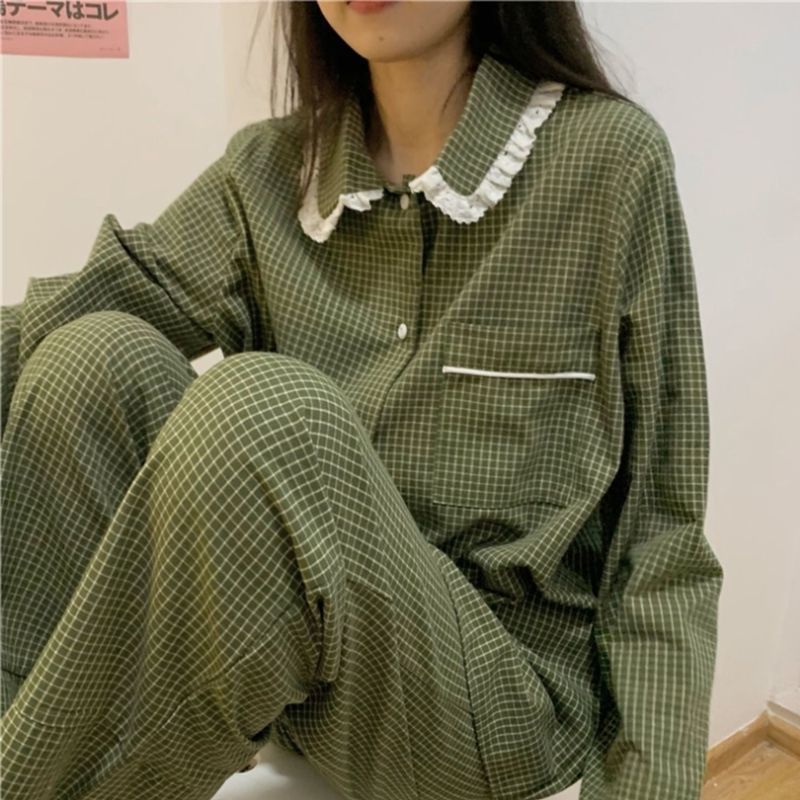 Kvinnors s￶mnkl￤der Green Plaid Casual Pyjama Set Women Single Breasted Ins Japan Turn-Down Collar Nightwear Spring Fall Elastic Midje Homewear 220922