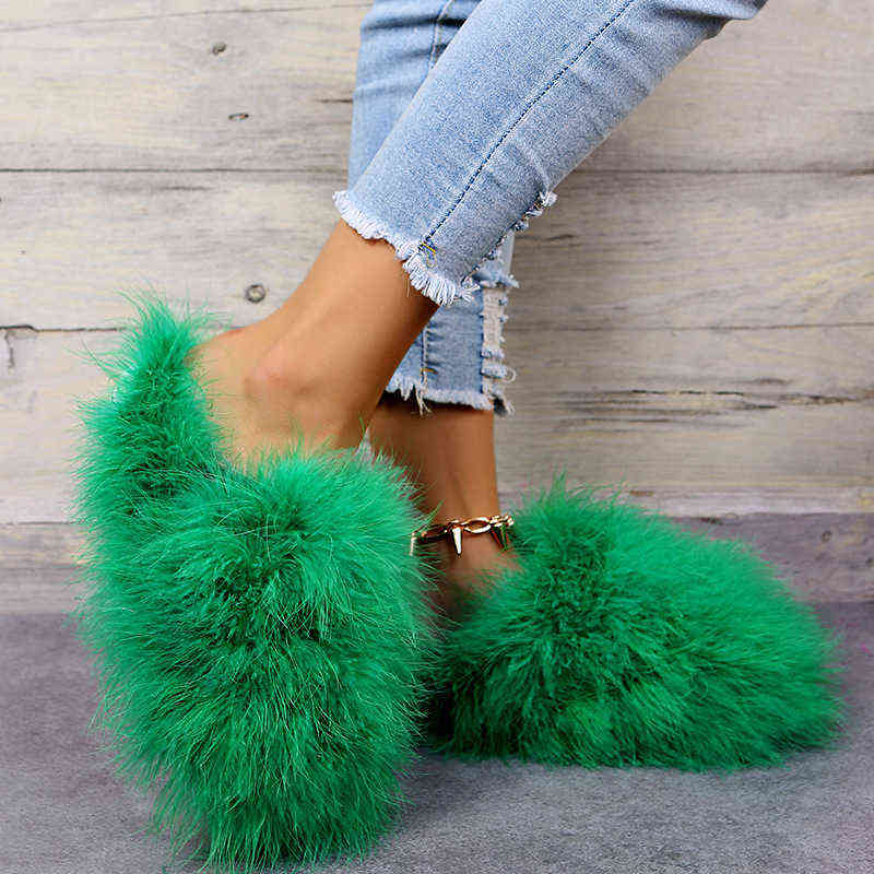 Slippers New Faux Fox Fur Slippers Women's Furry Warm Flip Flops Fullfy Raccoon Fur Slides Flat Comfortable Home Shoes Plus Size Couple T220922