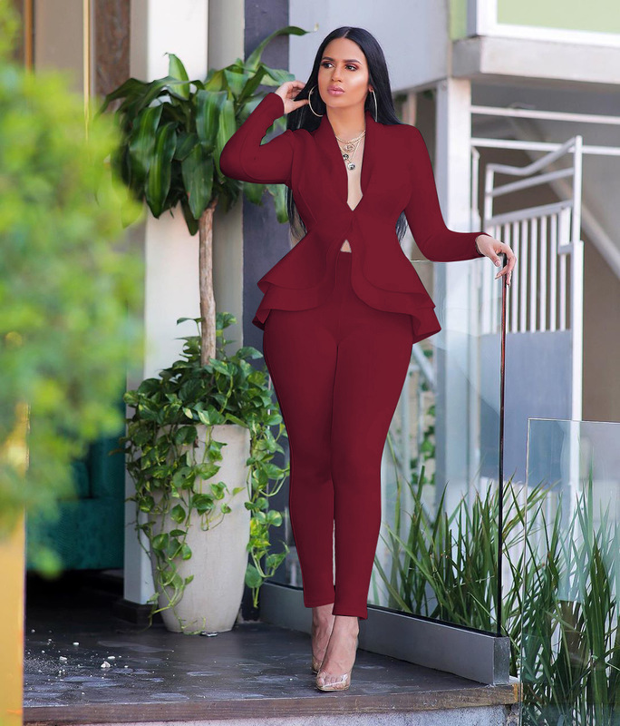 Women's Two Piece Pants Women Winter set Tracksuit Full Sleeve Ruffles Blazers Suit Set Office Lady business wear uniform GL610 220922