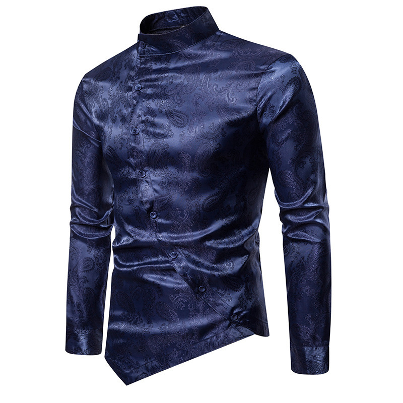 M￤ns casual skjortor v￥rens h￶st oregelbundna m￤n kl￤r glansig blommig tryckt stativ krage l￥ng￤rmad camisa social manlig streetwear xxl 220922
