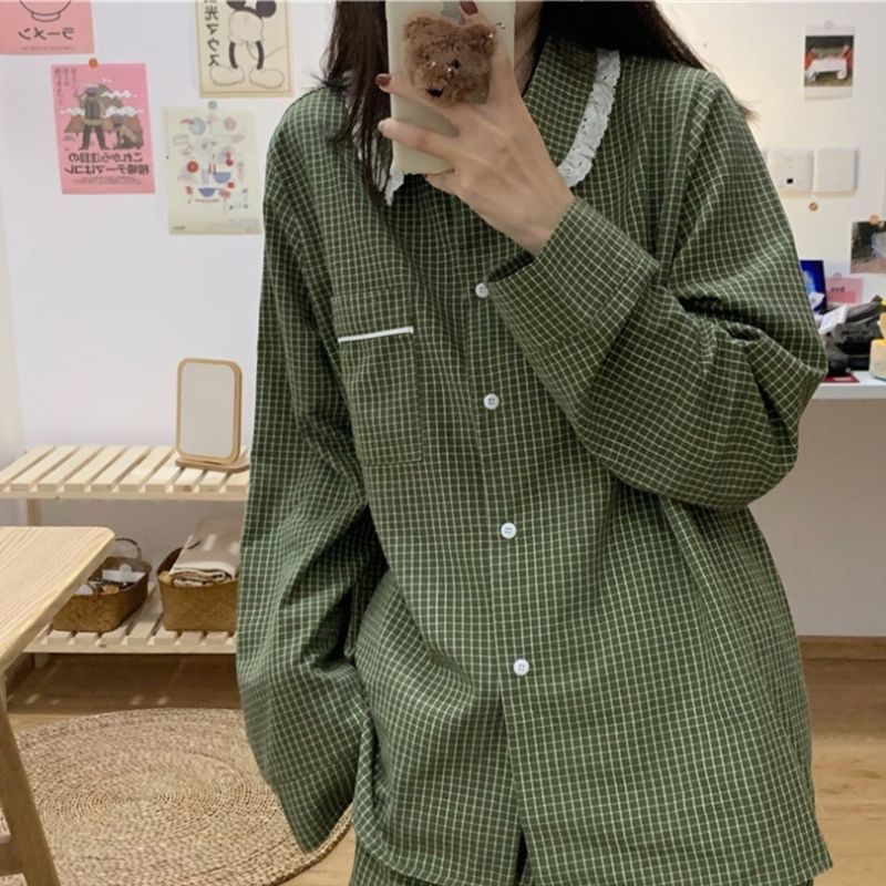 Kvinnors s￶mnkl￤der Green Plaid Casual Pyjama Set Women Single Breasted Ins Japan Turn-Down Collar Nightwear Spring Fall Elastic Midje Homewear 220922