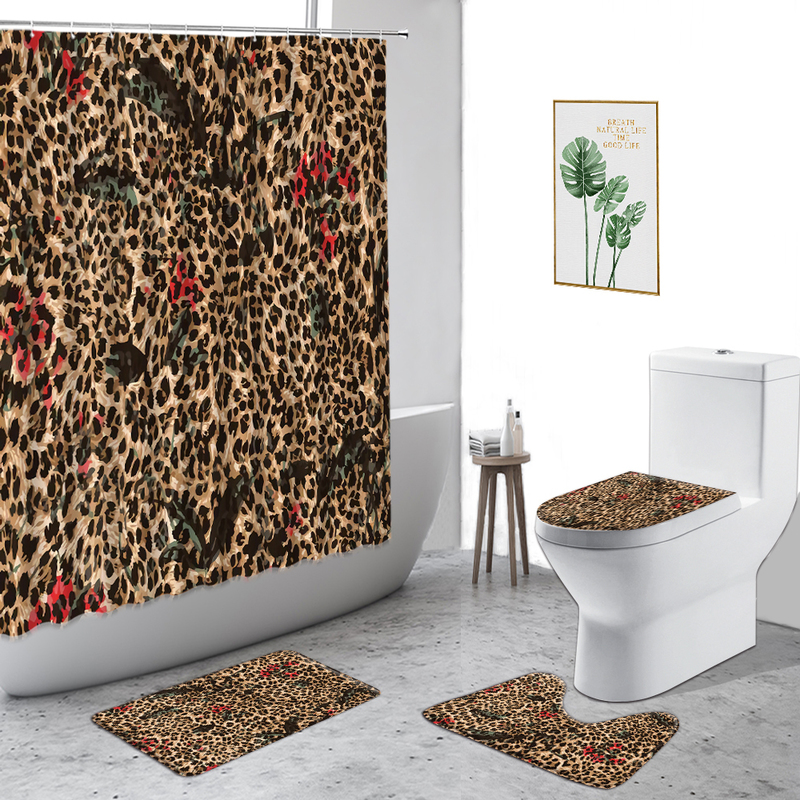 Duschvorhänge, graues Leoparden-Motiv, Gepardenmuster, 3D-Druck, Badezimmer, 4-teiliges Set, rutschfester Teppich, WC-Abdeckung, Badvorhang 220922