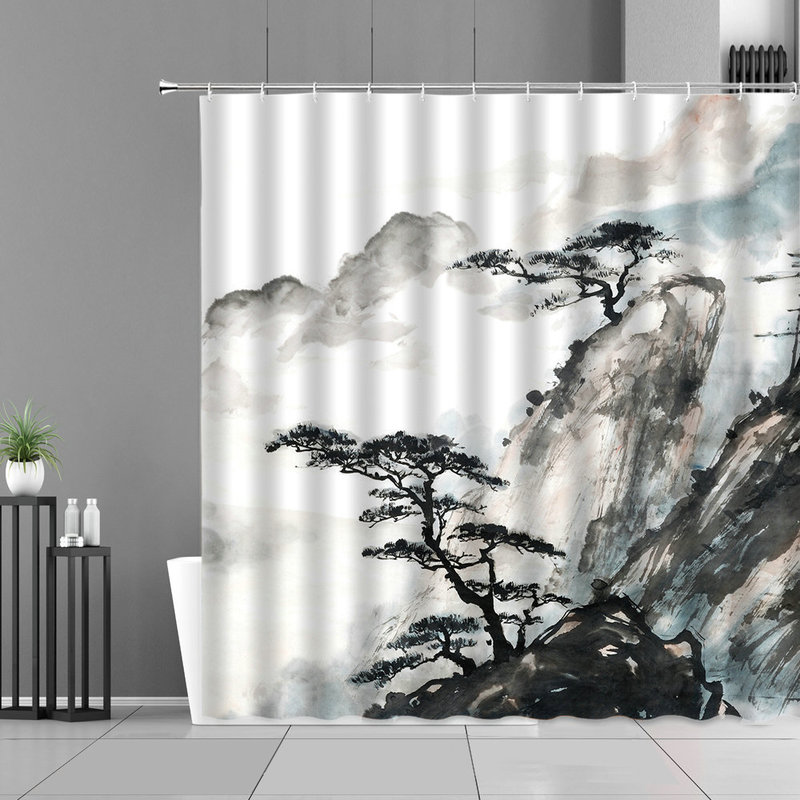 Shower Curtains Ink Painting Bamboo Leaves Bird Set Mountain Water Plant Landscape Waterproof Bathroom Curtain Retro Home Decor 220922