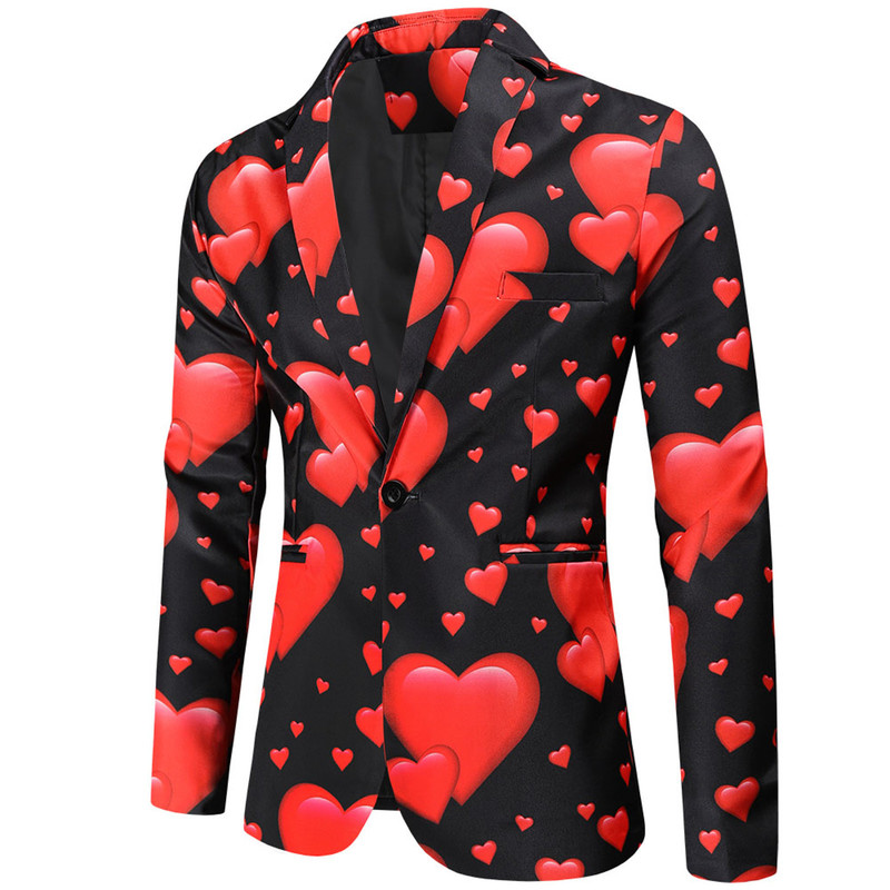 Мужские костюмы Blazers Blazers Valentine's Gift Fashion Party Pail Casual Slim Fit Blazer Кнопки 3D Heart Print Print